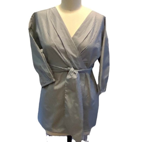 MOTHERHOOD Ladies MATERNITY Crisp Cotton Denim Blue Striped Wrap Around Blouse M - Picture 1 of 12